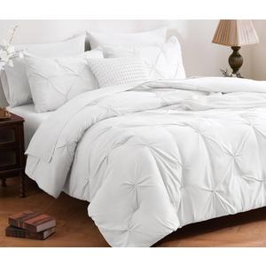 DOWNCOOL 7 Pcs White Pintuck Pinch Pleat Bed in a Bag, Soft Microfiber All Season Bedding Set for Bedroom with Sheets, Pillowcases & Shams, Size Queen