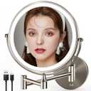 8.5 Inch Rechargeable Wall Mounted Makeup Mirror Brushed Nickel, Double Side Dual-Touch 1X/10X Magnifying Mirror with Light, 3 Color Lights 360Swivel Extendable Bathroom Mirror