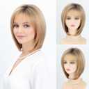 RENERSHOW Blonde Highlight Short Pixie Bob Wig with Bangs Straight Ombre Blonde Synthetic Wig with Dark Roots Layered Blonde Wigs for Women Medium Bob Daily Party Wig
