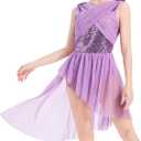 ODASDO Women Elegant Lyrical Dance Dress Lace Cap Sleeve Asymmetrical Tulle Skirt Leotard Contemporary Costume, Large, Light Purple