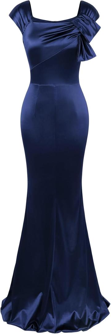 MUXXN Women 50s Style Retro Cap Sleeve Square Neck Satin Evening Cocktail Wedding Guest Long Maxi Dress S