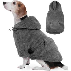 IDOMIK Fuzzy Dog Sweater with Adjustable Hood, Warm Fleece Dog Sweater Hoodie with Harness Hole & Pocket, Pullover Sweaters for Large Dogs, Fuzzy Hooded Sweatshirt for Fall Winter Christmas, Grey, XL