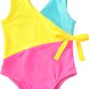 Happy Town Toddler Swimsuit Girl One Piece Bathing Suit Color Block Swimwear Baby Summer Beach Wear (4-5T, Blue Yellow Pink)