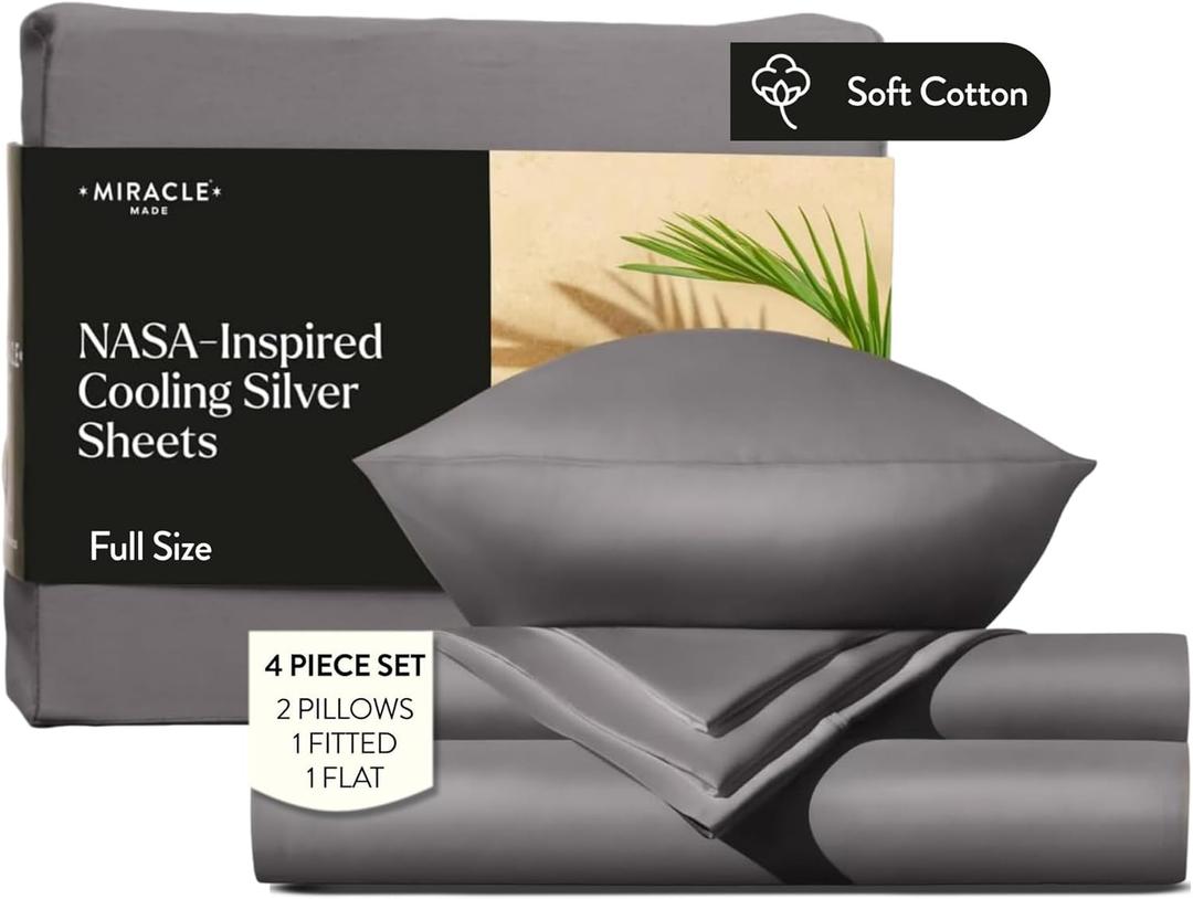 Miracle Made Breathable Cotton Bed Sheets, 4-Piece Set  Silver-Treated, Soft and Cool-to-the-Touch Lightweight Bedding Designed for Hot Sleepers  Full Size, Stone
