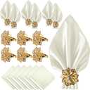 CROWN GUIDE 12 Pack Gold Napkin Rings and Cloth Napkins Set of 6, 17x17 Satin Cocktail Napkins Bulk Table Napkins Holder for Wedding Reception Personalized Napkins Bridal Shower for Party Decorative (Ivory)