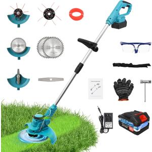 ALSO GO 24V Electric Weed Wacker Grass Trimmer with 1 pcs 3.0Ah Batteries & Fast Charger, 3 in 1 Stringless Lightweight Brush Cutter/Edger/Mower with 3 Types Blade & Wheels for Garden and Yard Lawn (Blue)