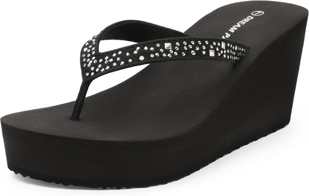 DREAM PAIRS Women's Platform Flip Flop Rhinestones Arch Support Comfortable Soft Cushion Wedge Flip Flops Summer Thong Sandals (9, Black)