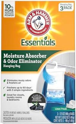 Arm & Hammer Essentials Hanging Moisture Absorber and Odor Eliminator, 17.5 oz., 3 Pack, Linen Fresh, Moisture Absorbers for Closets, Laundry Rooms and Bedrooms, Long-Lasting Freshness
