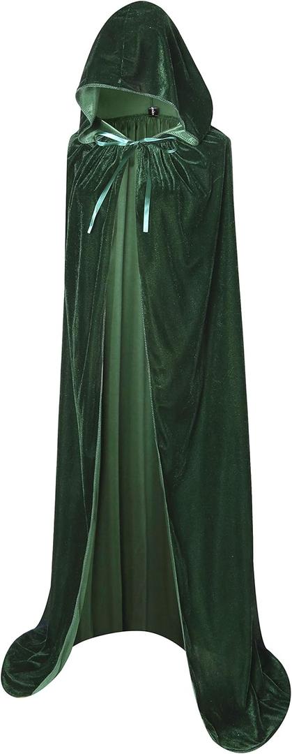 BIGXIAN Long Hooded Cloak Velvet Cape Witch Costume Halloween Costumes for Women Men (Large, Dark Green)