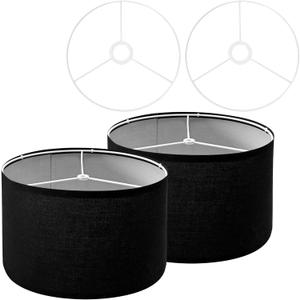 Drum Lamp Shades (Spider Fitter & E27/E26/E14 Fitter) for Table Lamps 13" Top x 13" Bottom x 9.8" High Black Lampshade Set of 2 Lamp Shade for Floor Lamps Bedside Lamps, Black, Assembly Required