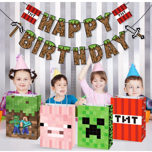 16pcs Pixel Birthday Gift Bag with Handle  Goodie Treat Candy Gift Bags for Kids‘s Party Favors Video Game Party Decoration Supplies for Boys Girls