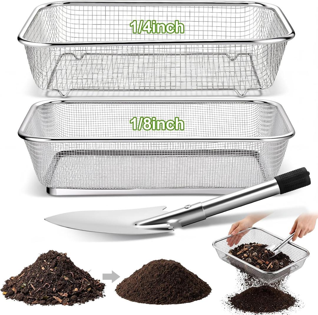 Set of 3 Soil Sifter for Gardening 2 Stainless Steel Sand Rocks Compost Soil Sieve with 1 Trowel 1/4 Inch 1/8 Inch Mesh Dirt Sifter for Gravel Potting Sawdust (EXP 09/26/30)