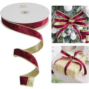 HUIHUANG Burgundy Velvet Wired Ribbon 1 inch Velvet with Glitter Gold Double Sided Christmas Ribbon for Trees, Gift Wrapping, Wreaths, Garlands, Swags, Crafts Bows- Continuous 20 Yards