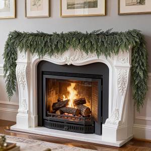 PABREY 1 Pcs 9 FT Real Touch Faux Cedar Garland, Realistic Artificial Thick Green Christmas Greenery Cedar Garland for Mantle Table Stairs Wall Outdoor Indoor Christmas Decorations