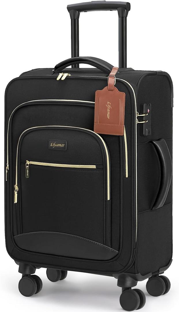 Carry On Luggage 22x14x9 Airline Approved, 20 Inch Softside Suitcase with 360 Spinner Wheels & TSA Lock, Ultra-Lightweight Water-Resistant Large Capacity Luggage for Women & Men (Black)