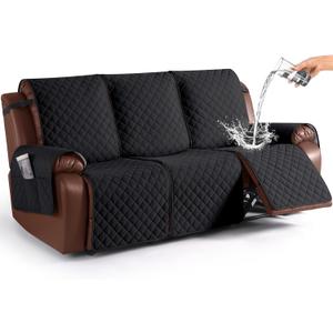 KinCam Recliner Sofa Covers for 3 Seat, 100% Waterproof Reclining Couch Covers, Non-Slip Recliner Couch Cover Furniture Protector with Elastic Straps for Pets, Kids, Black
