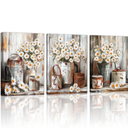 WENGTIAO 3Pcs Rustic Daisy Canvas Wall Art Fall Flower Prints Posters Vintage Country Flora Paintings Pictures Nature Botanical Artwork for Bedroom Living Room Bathroom 20x28x3