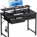 Pamray 32 Inch Small Computer Desk with Monitor Stand Home Office Desks with 2 Drawers for Bedroom Study Writing and Work Table for Small Spaces Black