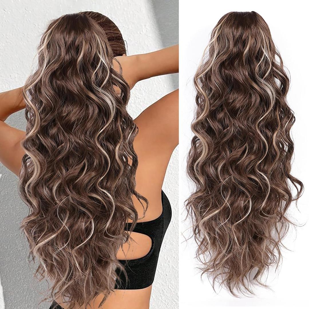 26 Inch Ponytail Extension,Claw Clip in Ponytail Hair Extension, Long Curly Wavy Clip on Pony Tails Hair Extensions for Women (Medium Brown with Blonde Highlights)