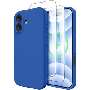 OTOFLY Compatible with iPhone 16 Case, Compatible with MagSafe, Shockproof Magnetic Silicone Case for iPhone 16,[Military Grade Protection] [2 Pack Screen Protectors], Classic Blue