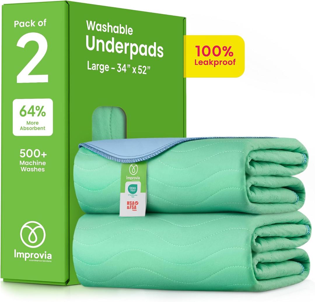 IMPROVIA Washable Underpads, 34" x 52" (Pack of 2) - Heavy Absorbency Reusable Incontinence Pads for Kids, Adults, Elderly, and Pets - Waterproof Protective Pad for Bed, Couch, Sofa, Furniture, Floor (Green)