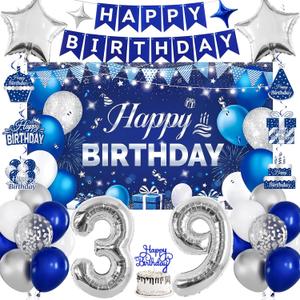 39th Birthday Decorations for Men & Women, Navy Blue and Silver Happy 39th Birthday Party Decorations with Number Balloons, Hanging Swirls, Cake Topper for 39 Years Old Party Supplies