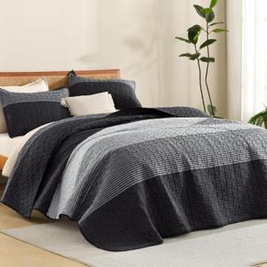 Litanika Quilt King Size Black, Grey and White, Gray Stripe Patchwork Summer Bedspread Coverlet 3 Pieces, Soft Lightweight Polyester Comforter Bedding Set for All Season(1 Quilt, 2 Pillowcases)