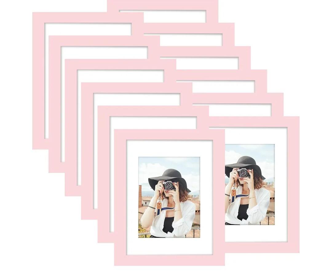 Picrit 8x12 Picture Frame Set of 12, Display 6x8 with Mat or 8x12 without Mat, Photo Frames for Wall Mounting or Table Top Display, Pink