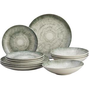 Corona 12-Piece Textured Modern Textured Finish Ceramic Dinnerware Sets, Plates and Bowls, Service For 4, Microwave and Dishwasher Safe, Elara