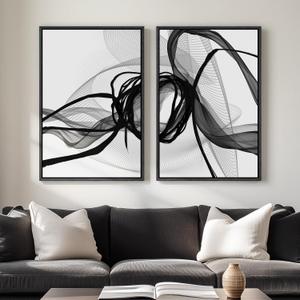 Large Framed Black and White Abstract Wall Art for Living Room, Set of 2 Modern Canvas Prints Paintings Artwork for Walls, Minimalist Lines Pictures for Dining Room Bedroom Office Wall Decor 24x36 In (Chaos & Order)