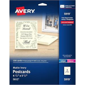 Avery Printable Postcards, 4.25" x 5.5", Ivory, 100 Blank Postcards for Laser and Inkjet Printers (5919)