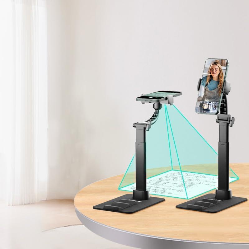Adjustable Phone Stand, Desk Mount with 360 Rotation, Magnetic Clip-on Holder for Phones and Tablets, Height Adjustable with Non-Slip Base