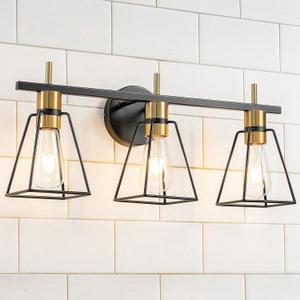 Industrial Bathroom Vanity Lights: 3-Light Black and Gold Vintage Metal Cage Wall Sconce - Rustic Farmhouse Wall Light Fixture Over Mirror Cabinet for Bedroom Living Room