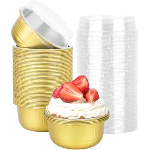 Beasea Aluminum Ramekins With Lids, 50 Pack 6.1oz 180ml Disposable Foil Aluminum Baking Cups Round Oven Baking Mini Cupcake Cups for Party - Gold Beasea Aluminum Ramekins With Lids, 50 Pack 6.1oz 180ml Disposable Foil Aluminum Baking Cups Round Oven Baking Mini Cupcake Cups for Party - Gold