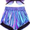 Mirawise Women's Metallic Shorts Summer Yoga Hot Shiny Sparkly Outfit Short Pants with Sunglasses (Medium, Mermaid-2)
