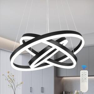 Modern Led Chandelier 3 Rings Black Pendant Lights Dimmable Chandeliers Color Temperature Height Adjustable Black Chandelier Led Pendant Light for Living Room Dining Room Bedroom Entryway