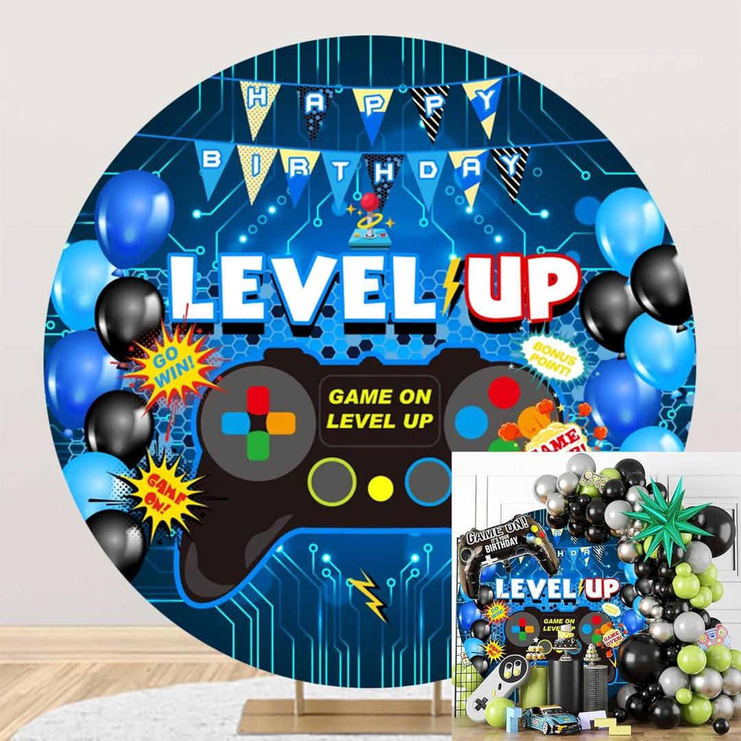 Polyester Diameter 7ft Round Video Game On Backdrop Cover Gaming Level Up Gamepad Remote Control Gamer Background for Photography Boys Men Game Fans Video Gamer Party Banner (Style 3)