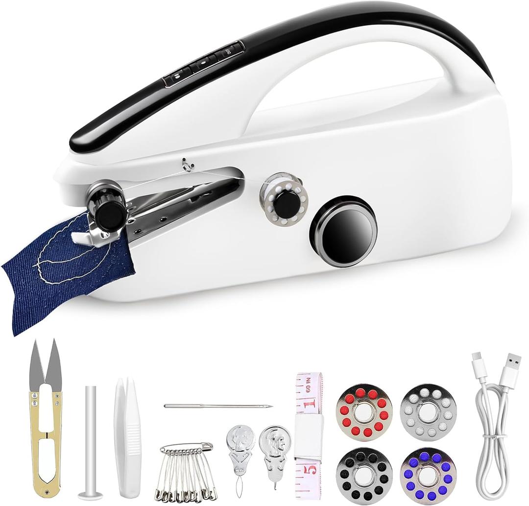 Handheld Sewing Machine, Easy to Use Portable Electric Mini Sewing Machines for Beginners with Two Speeds, with Complete Accessories Kit, Suitable for Home, Travel and DIY-White