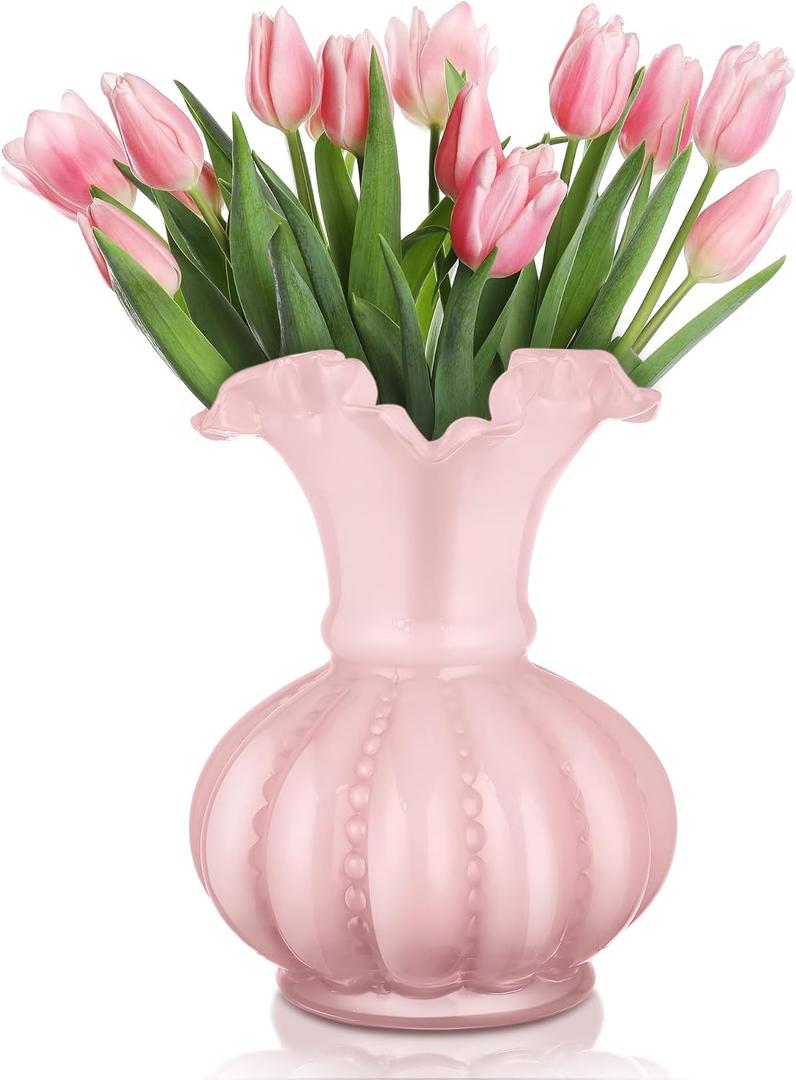 Joeyan Handmade Pink Glass Flower Vase,7.9" Vintage Decorative Urn Vase for Centrepieces Bouquet Wedding,Colored Thickened Pedestal Decorations for Rustic Home Living Room Office Farmhouse