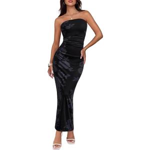 BTFBM Women's Floral Maxi Dresses Summer 2025 Strapless Tube Bodycon Mesh Layered Cocktail Party Wedding Guest Dress, Black, Size XL