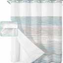 No Hook Blue Beige Farmhouse Shower Curtain with Snap in Liner Set, Vintage Wooden Striped Waterproof Fabric Bathroom Curtains with See Through Top Window, Hotel Style Long 72 x 78 Inch