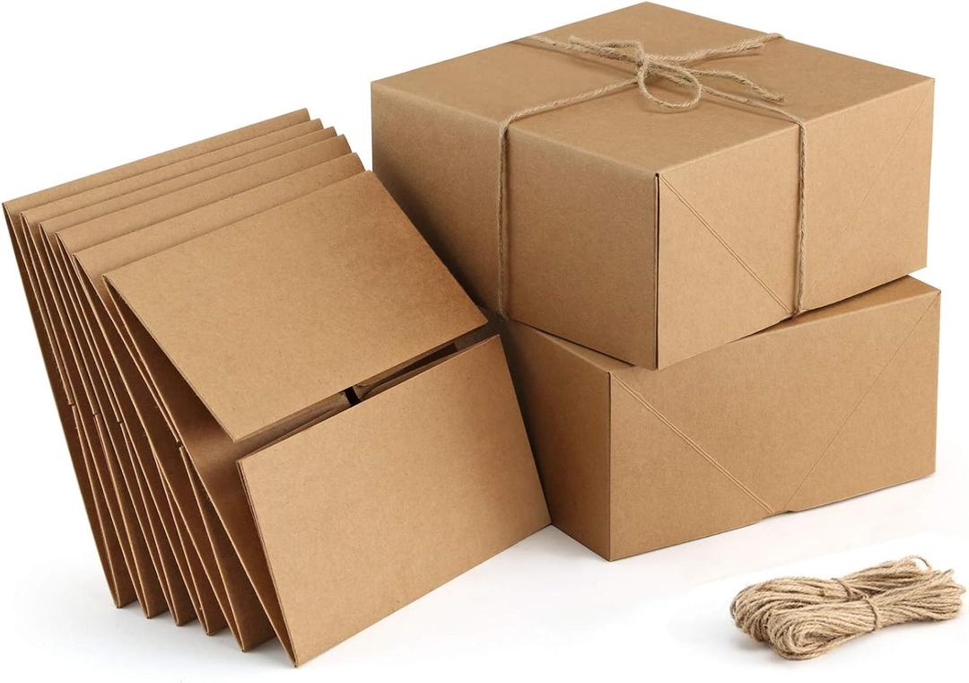 ValBox Premium Gift Boxes 10 Pack 8 x 8 x 4 Brown Paper Gift Boxes with 20 Meters Hemp Rope for Christmas Gifts, Bridesmaid Proposal Boxes, Easy Assemble Boxes