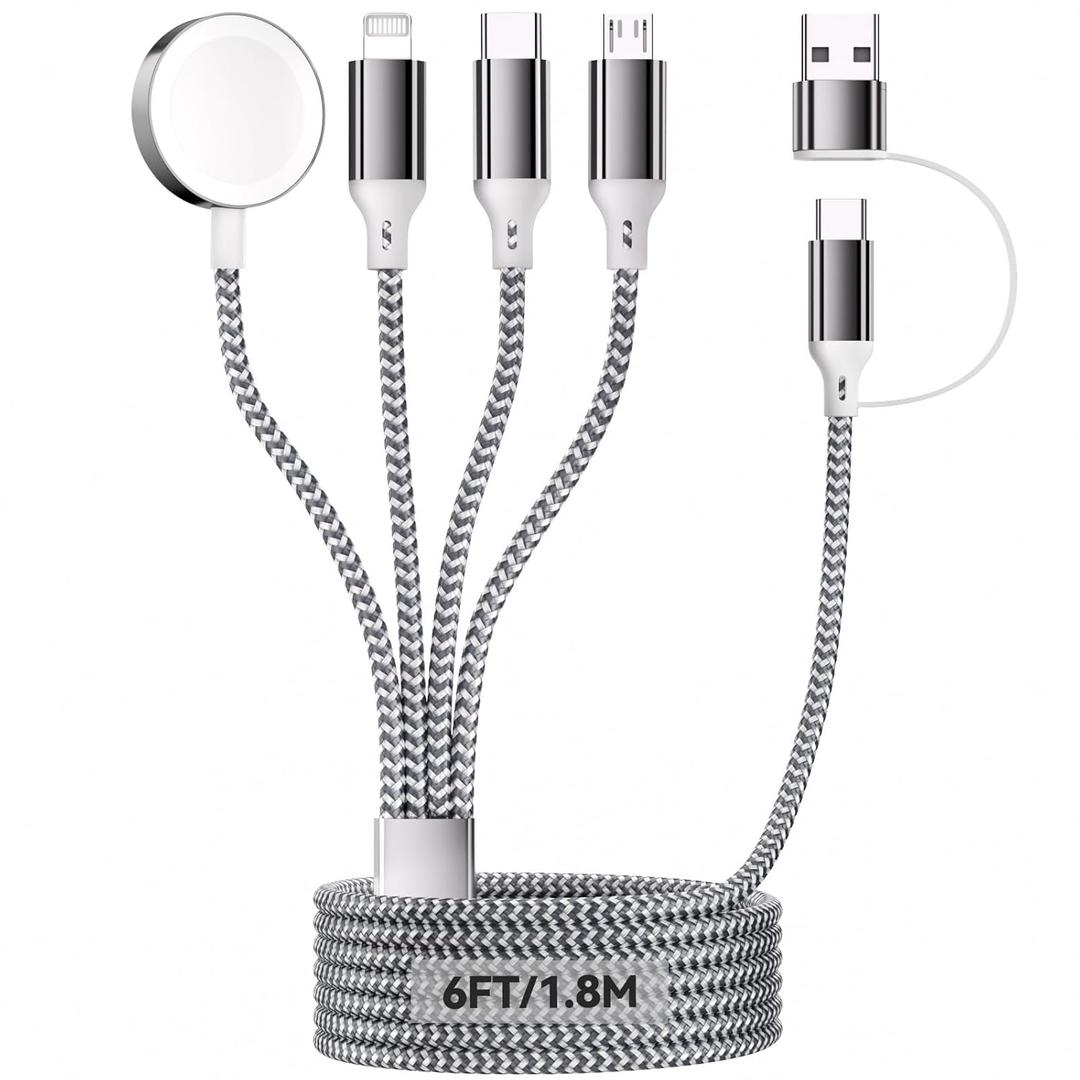 6FT/1.8M iWatch Charger, 4 in 2 USB A/C to iOS Port/Type C/Micro USB/iWatch Charger Nylon-Braided Multi Fast Charging Cable Compatible for iWatch Ultra/SE/1-10/iPhone/iPad/AirPods/Galaxy/Huawei