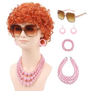 Women Short Curly Orange Red Wig with Sunglasses Pink Necklace Bracelet and Earrings for Party Cosplay Halloween Costume Wig