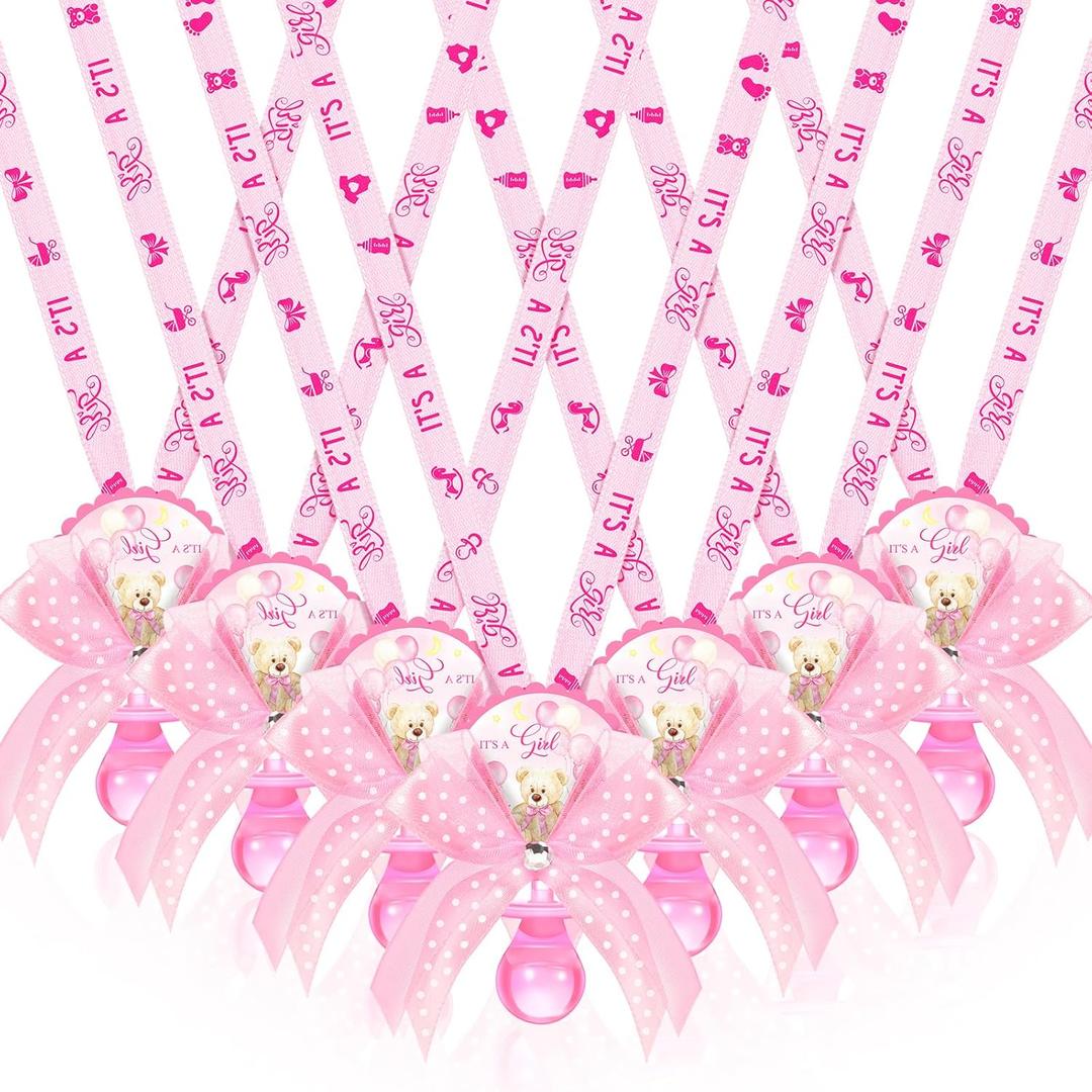 Hotop 36 Pcs Baby Shower Pacifier Necklace Bulk Bear Acrylic Pacifier Necklace for Baby Shower Charm Necklaces Party Favors for Girls Boys Gender Reveal Decoration Table Pieces(Pink,Girl)