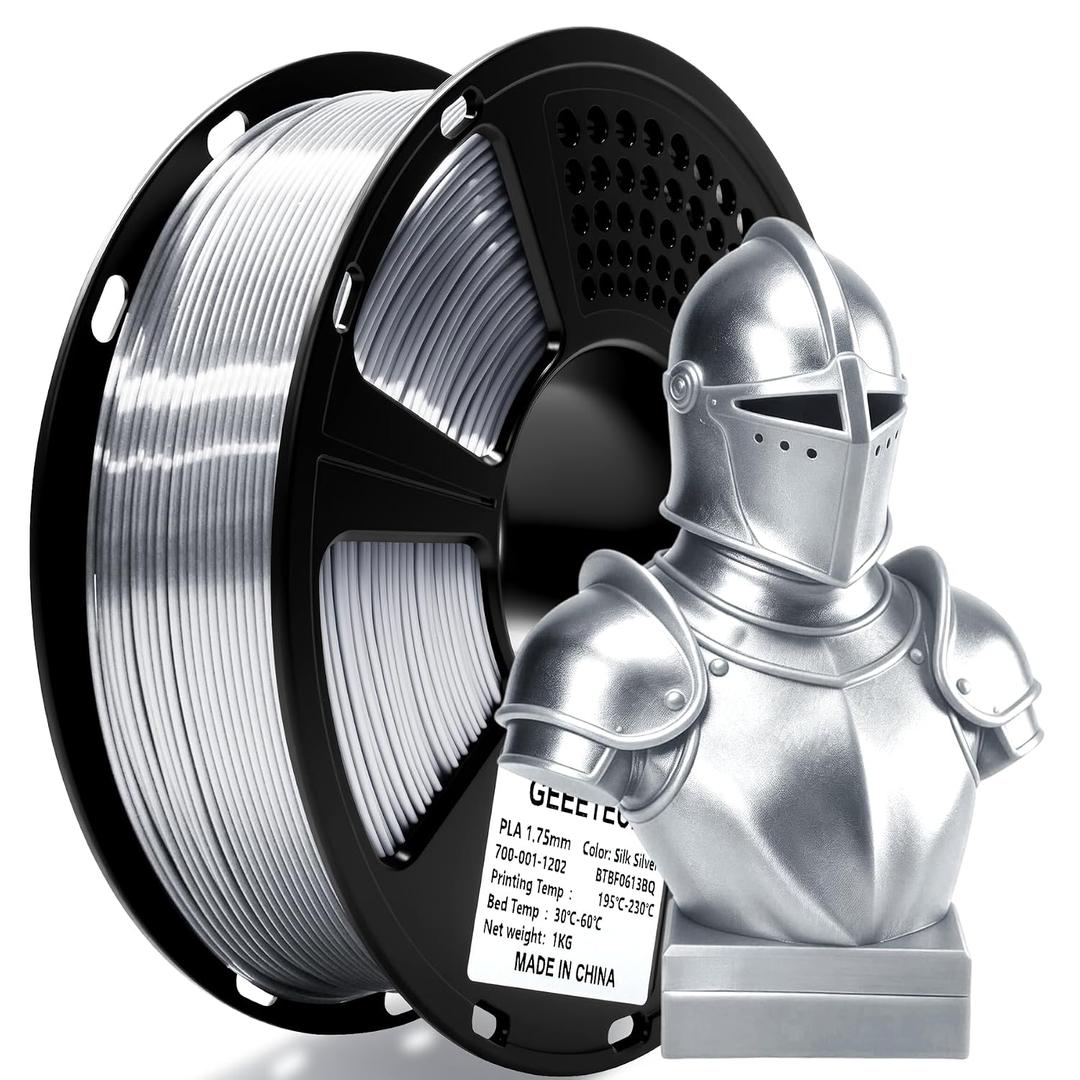 Geeetech Silk PLA Filament 1.75mm for 3D Printer, Metal-Like Shiny 3D Filament 1kg (2.2lbs) 1 Spool, Dimensional Accuracy +/- 0.02 mm, Metallic Silver Silk Filament