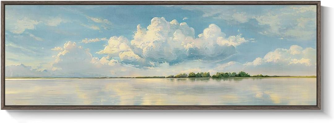 Framed Blue Landscape Canvas Wall Art, Sky Cloud Artwork for Walls, Horizontal Nature Scenery Painting Prints for Living Room, Bedroom, Home Office Wall Decor 16x48 Inch