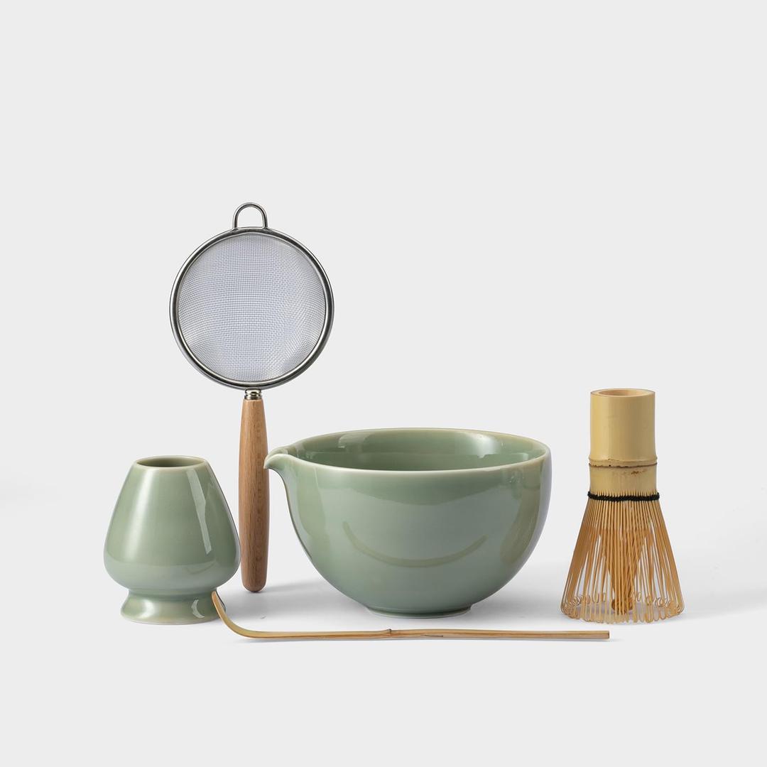 Matcha Whisk Set, Matcha Set with Ceramic Matcha Bowl, Bamboo Whisk & Holder, Sifter, Tea Scoop (Celadon)
