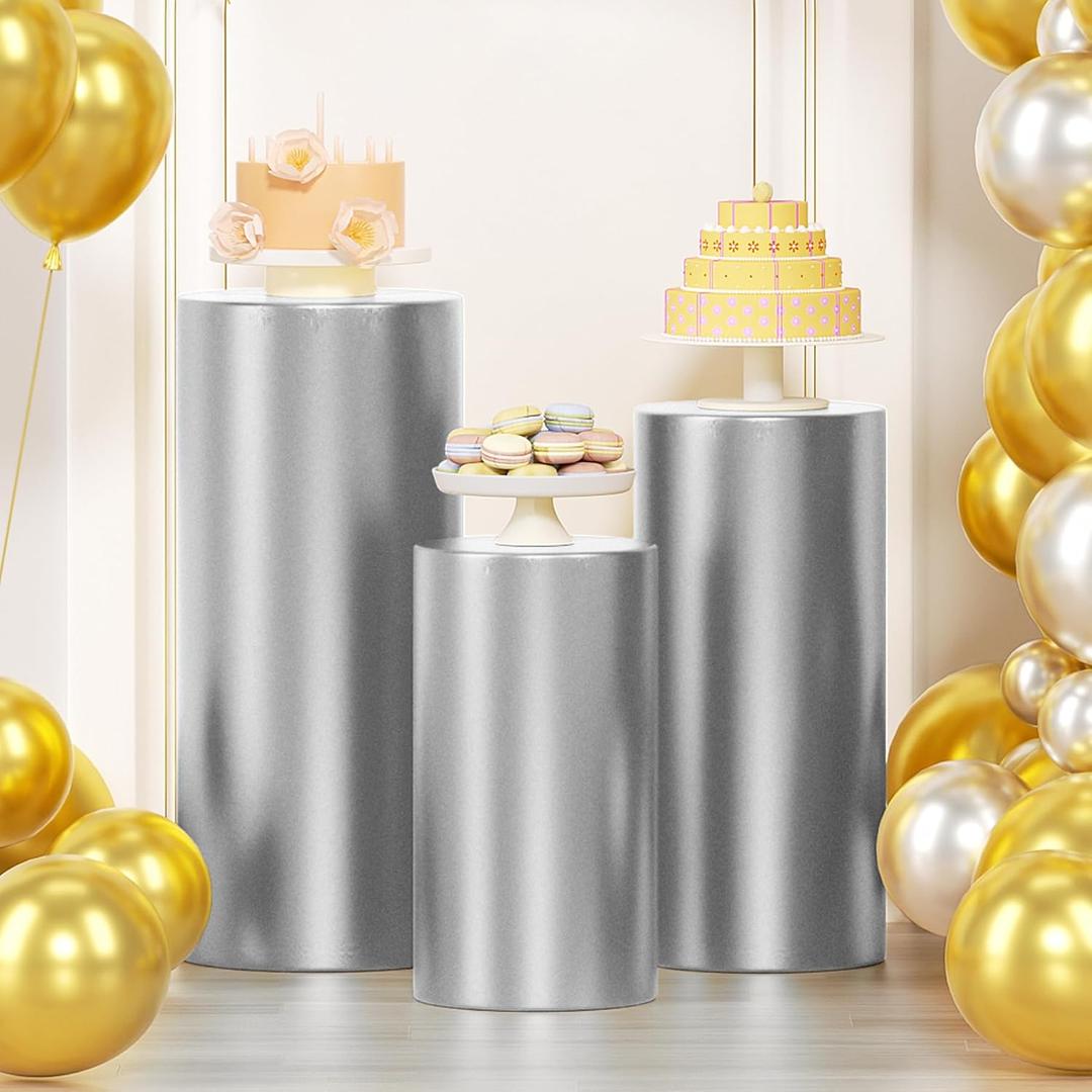 LEBENGURU 3Pcs Cylinder Pedestal Stand Covers Sliver, Round Spandex Display Pedestal Covers, Elastic Cloth Plinth Pillar Cover for Parties Wedding Birthday Event Decor Props (Only Covers)