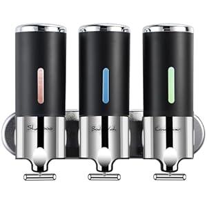 Shampoo and Conditioner Dispenser, Shower Dispenser 3 Chamber No Drill with Waterproof Labels and Glue, Bathroom Shower Pump Dispenser Wall Mounted for Home Hotel (Black)